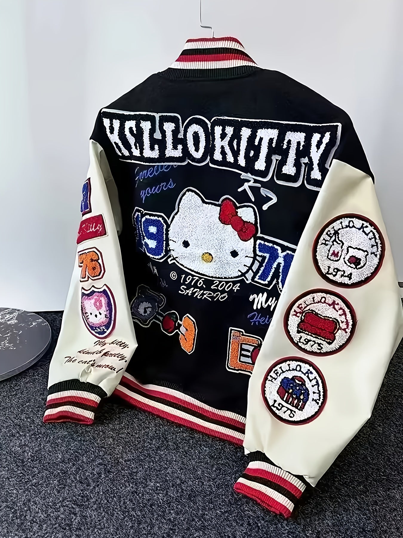 for sanrio Licensed Women'S Jacket Featuring Hello Kitty And Kuromi Patches - Lightweight Spring And Autumn Coat, Cute Anime Character Outerwear, Perfect For Parties And Everyday Wear - Iconic Brand Accessories (a Must-have For Sanrio Fans)