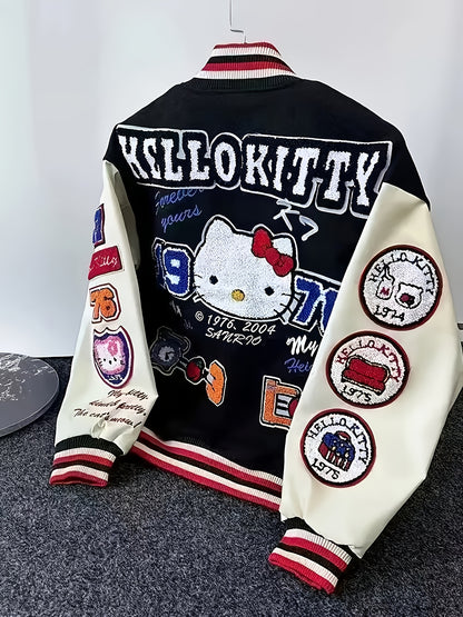 for sanrio Licensed Women'S Jacket Featuring Hello Kitty And Kuromi Patches - Lightweight Spring And Autumn Coat, Cute Anime Character Outerwear, Perfect For Parties And Everyday Wear - Iconic Brand Accessories (a Must-have For Sanrio Fans)