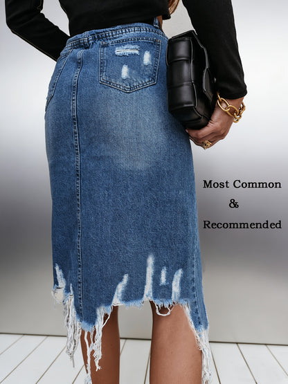 IXBGG 2026 Women's High-Waist Distressed Denim Skirt - Stretch Washed Fringe Hem Asymmetrical Ripped Midi Skirt, Beltless Soft Fringe Suitable for Office, Vacation, Home Wear, Machine Washable for the (No Belt Included)