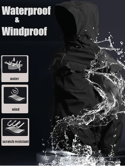 Men's Fleece-Lined Softshell Tactical Winter Jacket with Zip-Up Hooded Coat, Multiple Pockets & Lining - Outdoor Skiing, Hiking, Camping Workwear - Machine Washable Warm Fall/Winter Gear for Cold Weather Activities (Polyester)