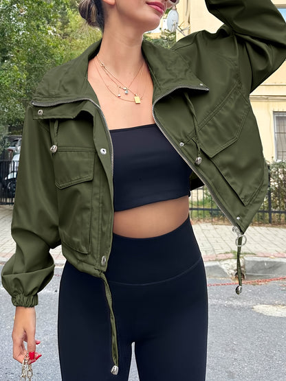 Women'S Cropped Jacket Zip Up Lightweight Oversized Utility Anorak Coat with Pockets