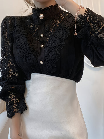 Women's Shirt Heavy Lace Hollow Flower Long Sleeve Lace Stand Collar Pearl French Button Top Shirt