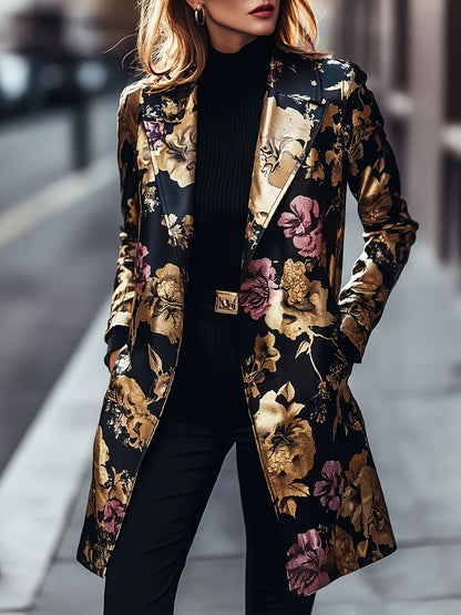 Plus Size - Plus Size - Long-Sleeved Single-Breasted Mid-Length Suit Jacket with Floral Pattern