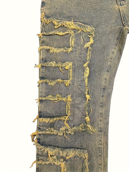 Men's Slim-Fit Stretch Jeans with Fringe Tassel decoration - Hip-Hop Skateboard Style Straight Pants, Washed Denomination for all- Wear (Machine Washable, Urban Streetwear) - Comfortable & Trendy for Skating & Everyday