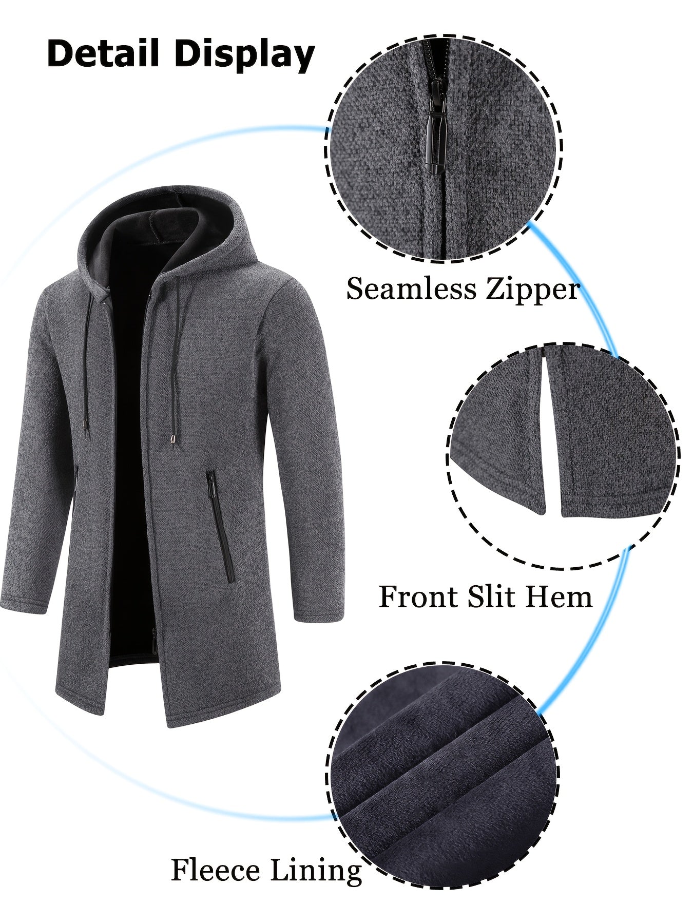 Men's Casual Hoodie, Hooded Mid Length Coat, Lined Zip Up Hoodie, Stylish Slim Fit Hoodie with Pockets, Suitable for Daily Wear, Outdoor Activities And Street