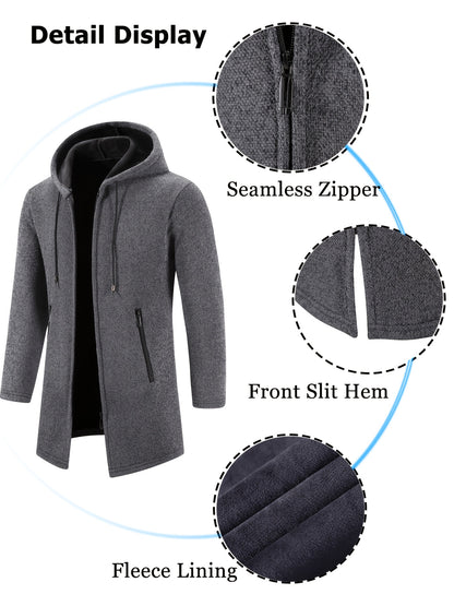 Men's Casual Hoodie, Hooded Mid Length Coat, Lined Zip Up Hoodie, Stylish Slim Fit Hoodie with Pockets, Suitable for Daily Wear, Outdoor Activities And Street