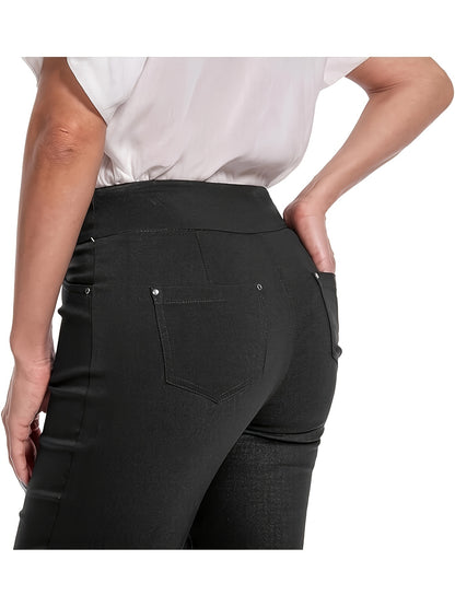 Women's Stretchy Pull On Bermuda Shorts High Waist Office to Vacation Pants, Non See Through Fabric, Machine Washable with 5 Pockets & Cuffed Hem for Everyday, Formal Events Elegant Casual All Season Shorts