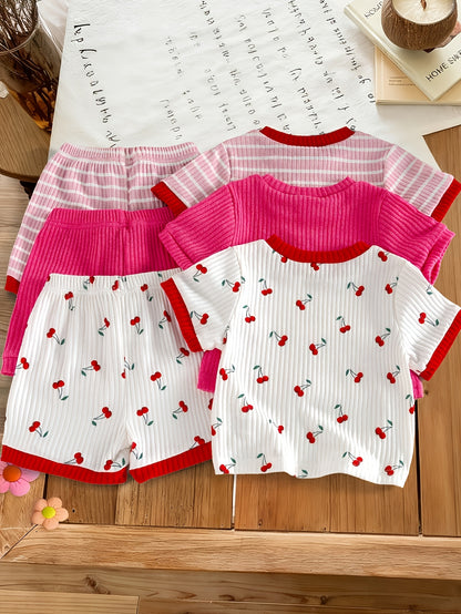 6pcs Set Of Girls' Summer New Cherry Fruit Pattern Short-sleeve And Shorts Comfortable Outfit, Perfect for Outdoor