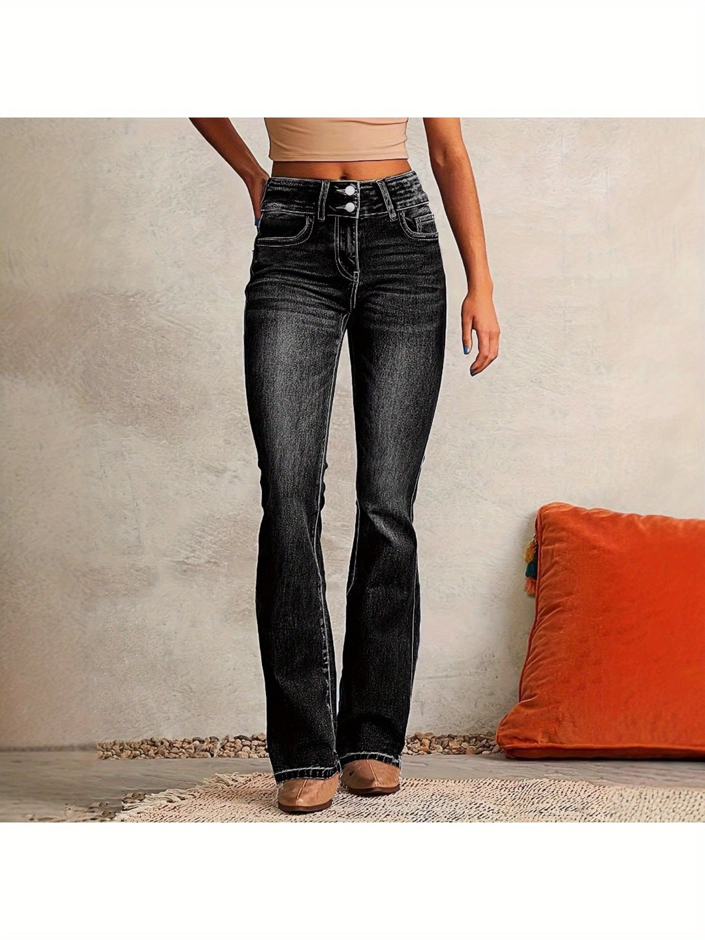 1 Pair Women'S Retro Stretch Washed Bootcut Jeans, Streetwear Style Flared Denim Trousers, S-XXL