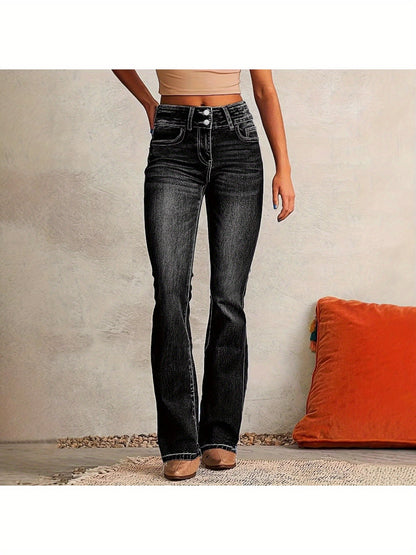 1 Pair Women'S Retro Stretch Washed Bootcut Jeans, Streetwear Style Flared Denim Trousers, S-XXL