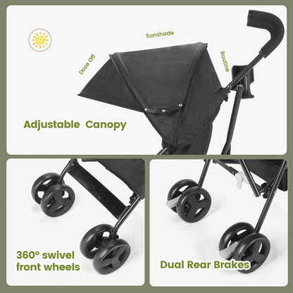 Mini Convenience Stroller Lightweight Stroller with Compact Fold, Multi Position Recline, Canopy with Pop Out Sun Visor And More Umbrella Stroller for Travel And More, Black Gray DrayGreen Pink.