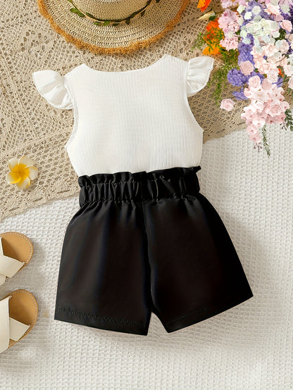 Toddler Girls' Clothing: Cute Baby Girl's Round-neck Sleeveless T-shirt + Shorts Two-piece Set, Little Girl's Summer Casual Set, Perfect for Outdoor