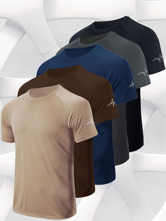 5pcs Men's Sports T-shirt, Round Neck Short Sleeved Knitted Fabric, Breathable And Moisture Absorbing Solid Color Sports T-shirt, Suitable for Gym Exercise And Casual Wear