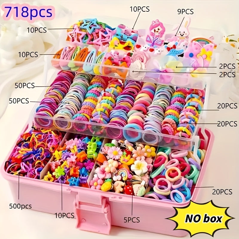 718pcs Kids Hair Additions Set, Cute Bow And Flower Clips, Colorful Elastic Hair Ties And Scrunchies, Sweet Candy Style Hair Kit for Girls, Perfect Gift for Daughter, Daily Hairstyles, All Seasons Use Hair Additions