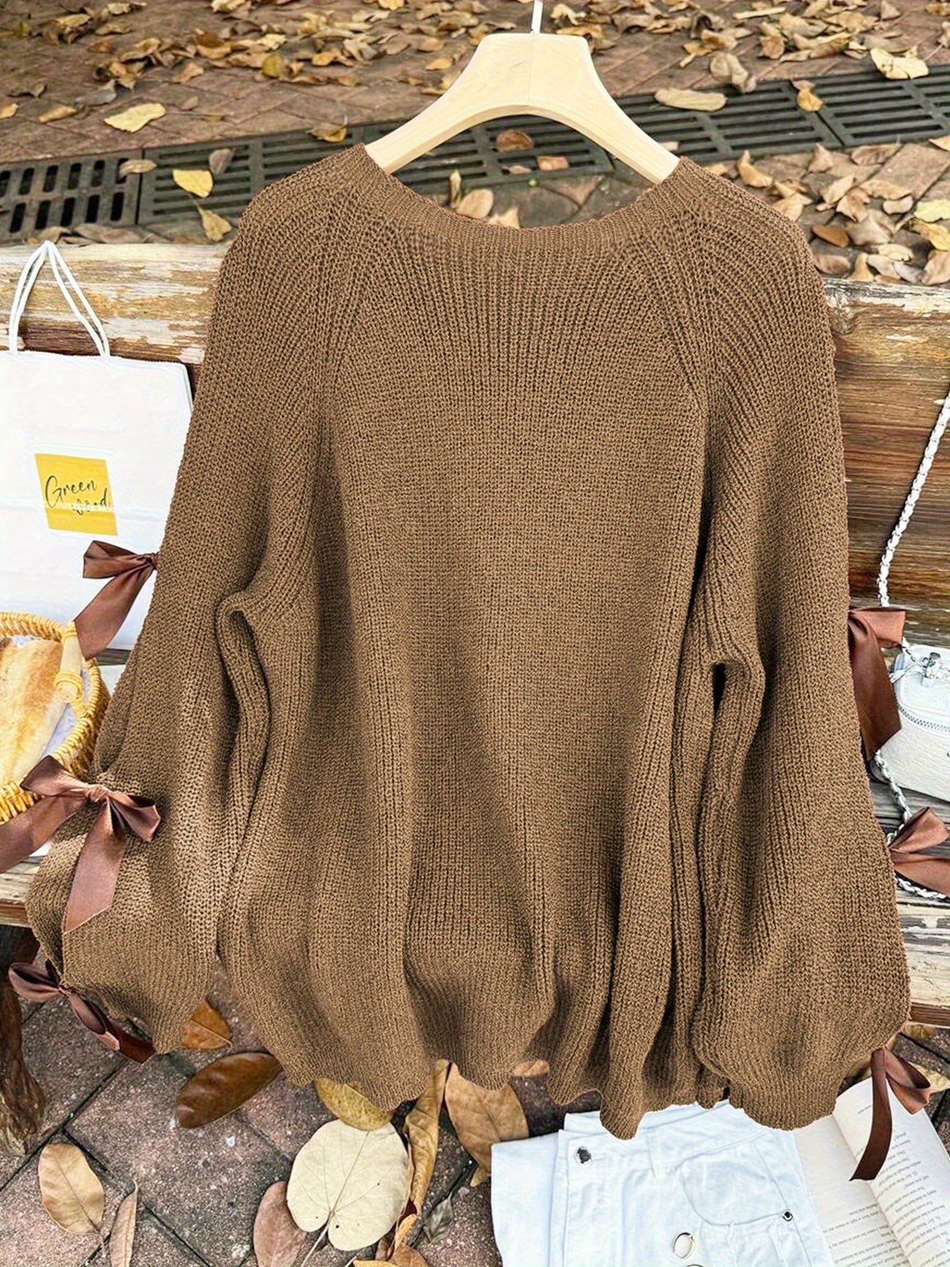 Plus Size, Plus-size  Sweet Style, Round Neck Balloon Sleeve Bow Sweater, Autumn and Winter Atmosphere Items