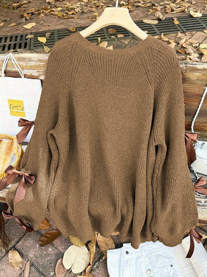 Plus Size, Plus-size  Sweet Style, Round Neck Balloon Sleeve Bow Sweater, Autumn and Winter Atmosphere Items