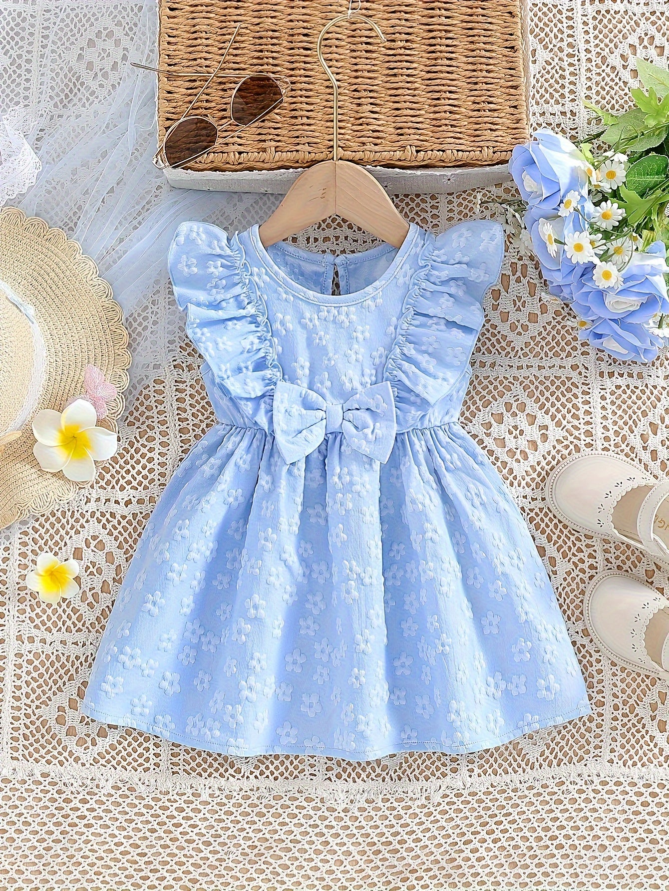 Baby Girl Clothing, Baby Products, Newborn Baby Girl Clothing, Baby Girl Summer Versatile And Cute Round-neck Plain-color Ruffled Floral Princess-style Dress. Baby Girl Casual Dress. Back-to-school Promotion. Valentine's Day Gift.
