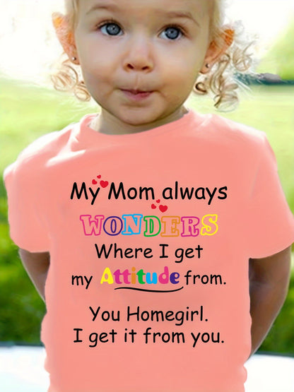 ' 100% Cotton "My Mom Always Wonders..." Letter Print T-Shirt - Cute Short Sleeve Round Neck Top with Asymmetrical Hem, White Casual Casual Attire & Play Outfits, Easy-Care Clothes (1-10 Years)