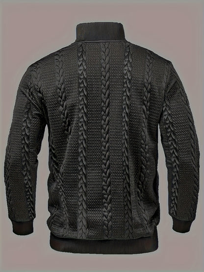 Casual Top for Men in Autumn/Winter, Featuring a Textured Wheat Pattern Fabric, Contrasting Ribbed Edges, And a Zippered Long-Sleeve Henley Design. an Ideal Present for New Year, Valentine'S Day, Or for Your Husband