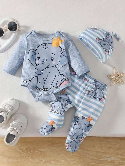 3pcs Baby Boy Newborn Spring And Autumn New Crown Cartoon Elephant with Shoulder Long Sleeved Jumpsuit&elastic Striped Cute Cartoon Elephant Full Print Panties&hat Set Suitable for Outdoor Clothing, Perfect for Outdoor