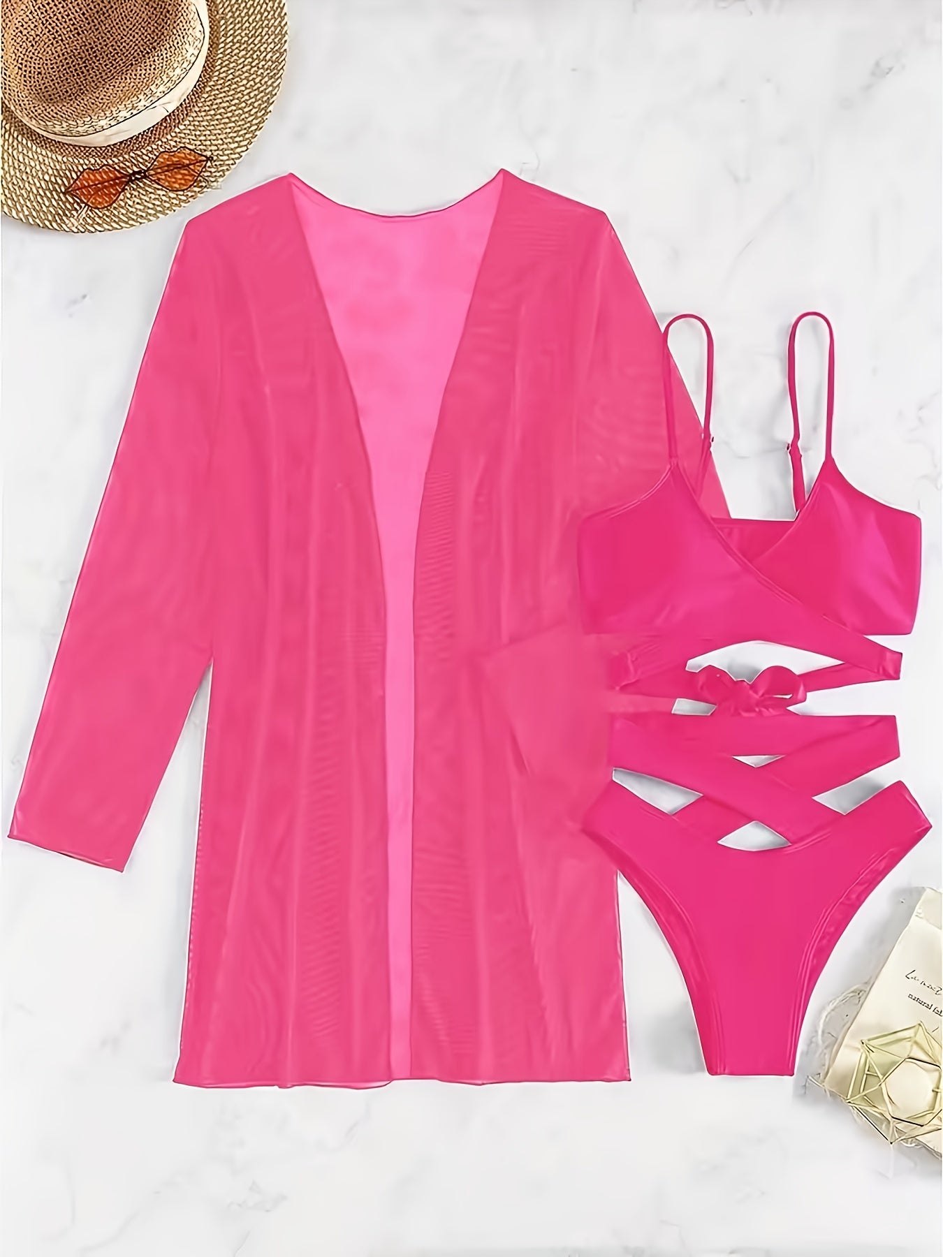 A Three-Piece Solid Color Bikini Set Featuring a Tie-Up Cross Design And High Waist Style, Perfect for Beach Outings. This Premium Swimwear Is Smooth And Soft