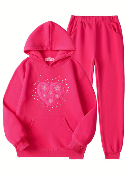6pcs 3 Sets New Fall And Winter Girls' Velvet Thickened Hooded Sweatshirt Printed with Love Flowers And Roses Korean Fashion Combination, Suitable for Outdoors, Perfect for Outdoor