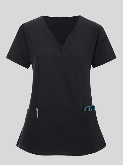 2pcs Women's Breathable V-Neck Work Uniform - Machine Washable Pocket Detail Matching Top & Pants, Casual Work Clothes Suitable for Work Uniforms, Healthcare, Education, Retail - Comfortable Professional Attire