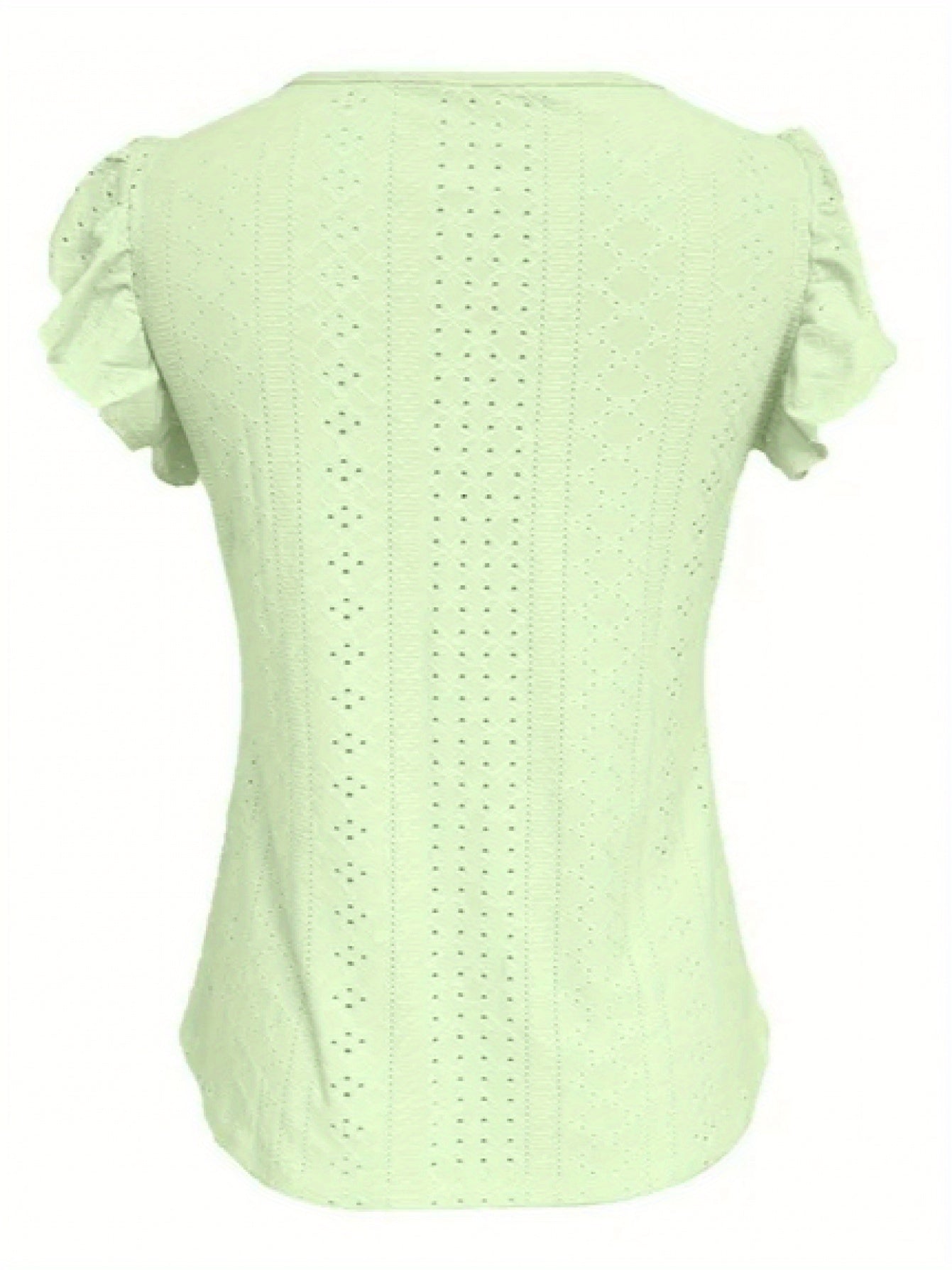 Women's Elegant V-Neck Ruffled Short Sleeve Top with Decorative Buttons, Casual Eyelet Embroidered Jacquard T-Shirt for Spring& Summer, Women's Clothing
