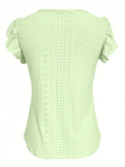 Women's Elegant V-Neck Ruffled Short Sleeve Top with Decorative Buttons, Casual Eyelet Embroidered Jacquard T-Shirt for Spring& Summer, Women's Clothing