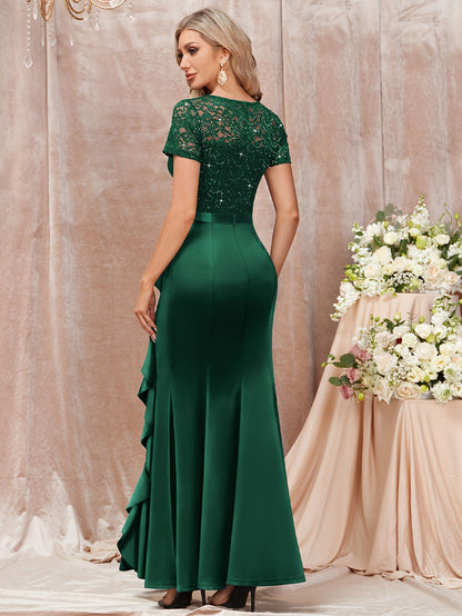 53272 Elegant Womens Sequin Lace Contrast Bridesmaid Maxi Dress, Scoop Neck Short Sleeves, Side Ruffle Detail, Satin Mermaid Hem, Perfect for Graduation Season, Wedding Season, Summer Wedding Guest, Evening Party, Summer Vacation Events And Formal