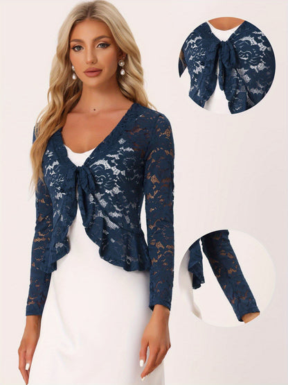 Women's Sheer Crop Bolero Cardigan - Semi-Sheer Lace Shrug with Ruffled Hem & Tie-Front Closure, Blouse for Sleeveless Dresses/Tank Tops (Machine Washable, Spring/Summer Wedding/Office/Cardigan) - 90% Nylon/10% Spandex