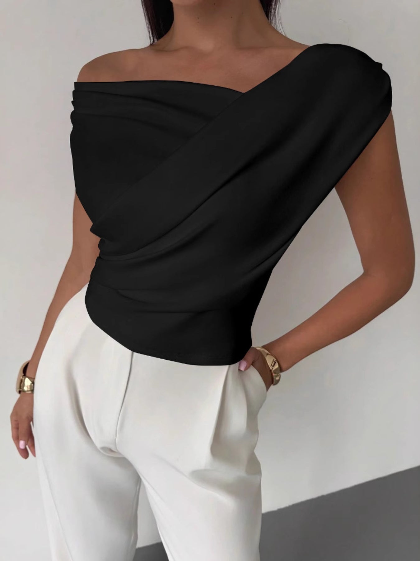 Summer Solid Color Sleeveless T-Shirt, Simple Style, Off-Shoulder, Slim Fit, Sleeveless Short Top