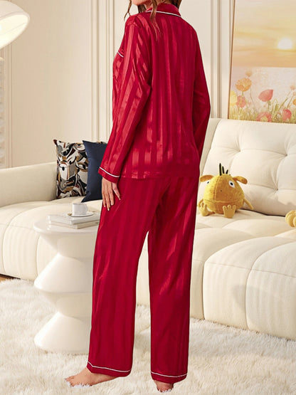 Women's Satin Pajama Set, Long Sleeve Button Lapel Top And Elastic Pants, Women's Striped Pajamas