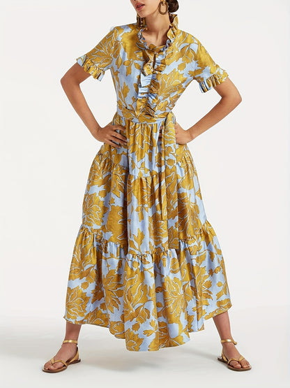 Faux Tencel Blue/Yel Floral Print Short Sleeve Tie Layered Maxi Dress, Faux Tencel Fabric, Ruffles at Chest, V-Neck, Belted Waist, Two Side Slit Pockets, Short Sleeves, Tiered Skirt, Straight Hem