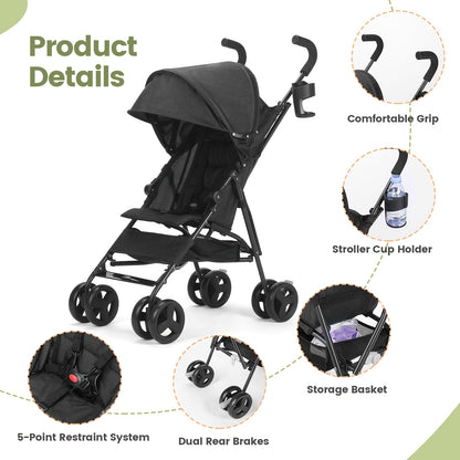 Mini Convenience Stroller Lightweight Stroller with Compact Fold, Multi Position Recline, Canopy with Pop Out Sun Visor And More Umbrella Stroller for Travel And More, Black Gray DrayGreen Pink.