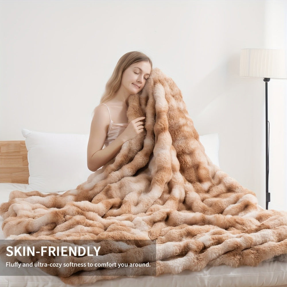 3D Faux Rabbit Fur Fleece Blanket - Double-Sided All-Season Throw