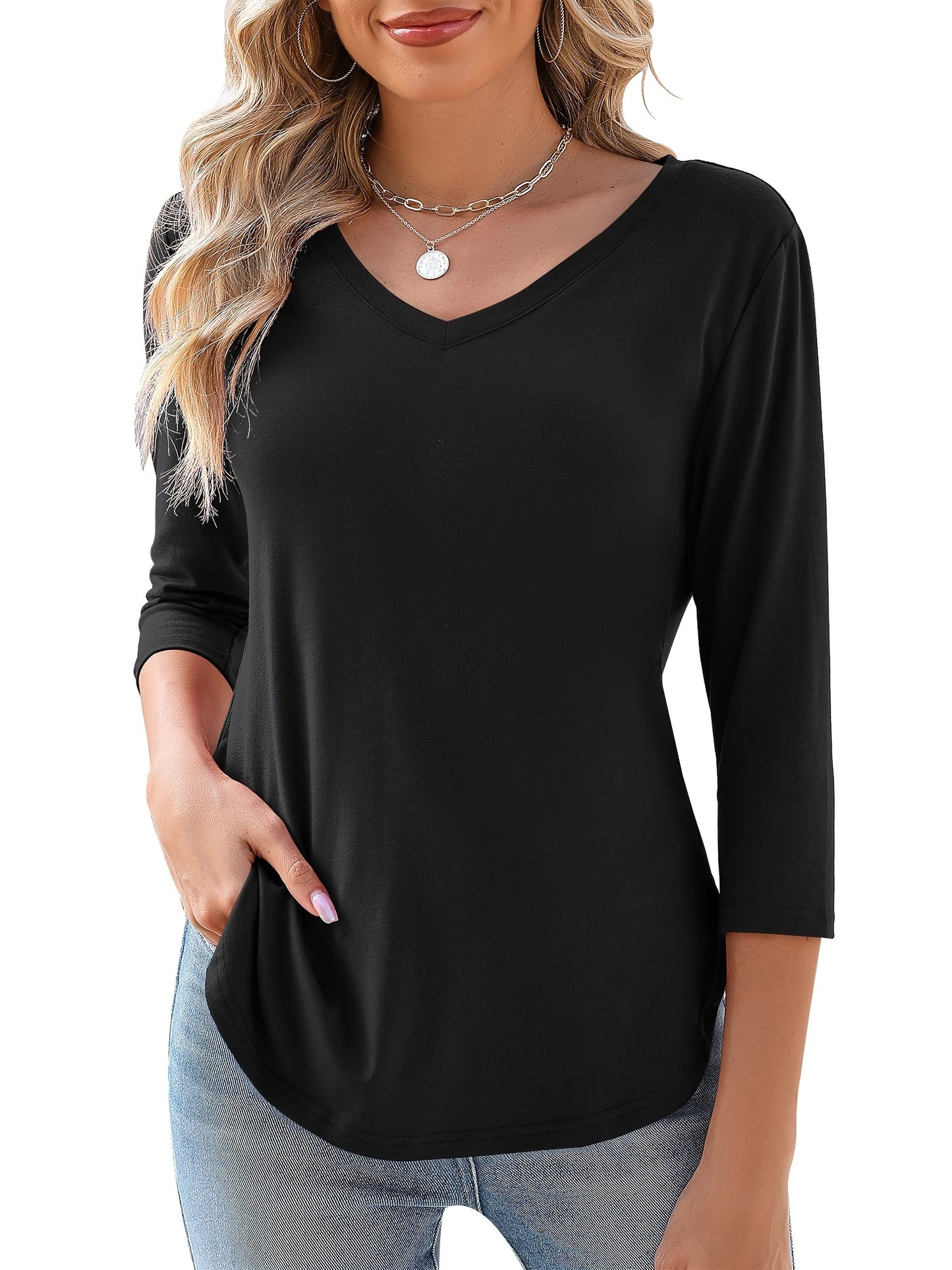 Elegant Casual Solid Color Basic Top with 3/4 Sleeves And a V-Neck for Women, Perfect for Summer