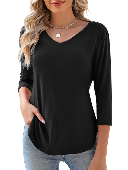 Elegant Casual Solid Color Basic Top with 3/4 Sleeves And a V-Neck for Women, Perfect for Summer