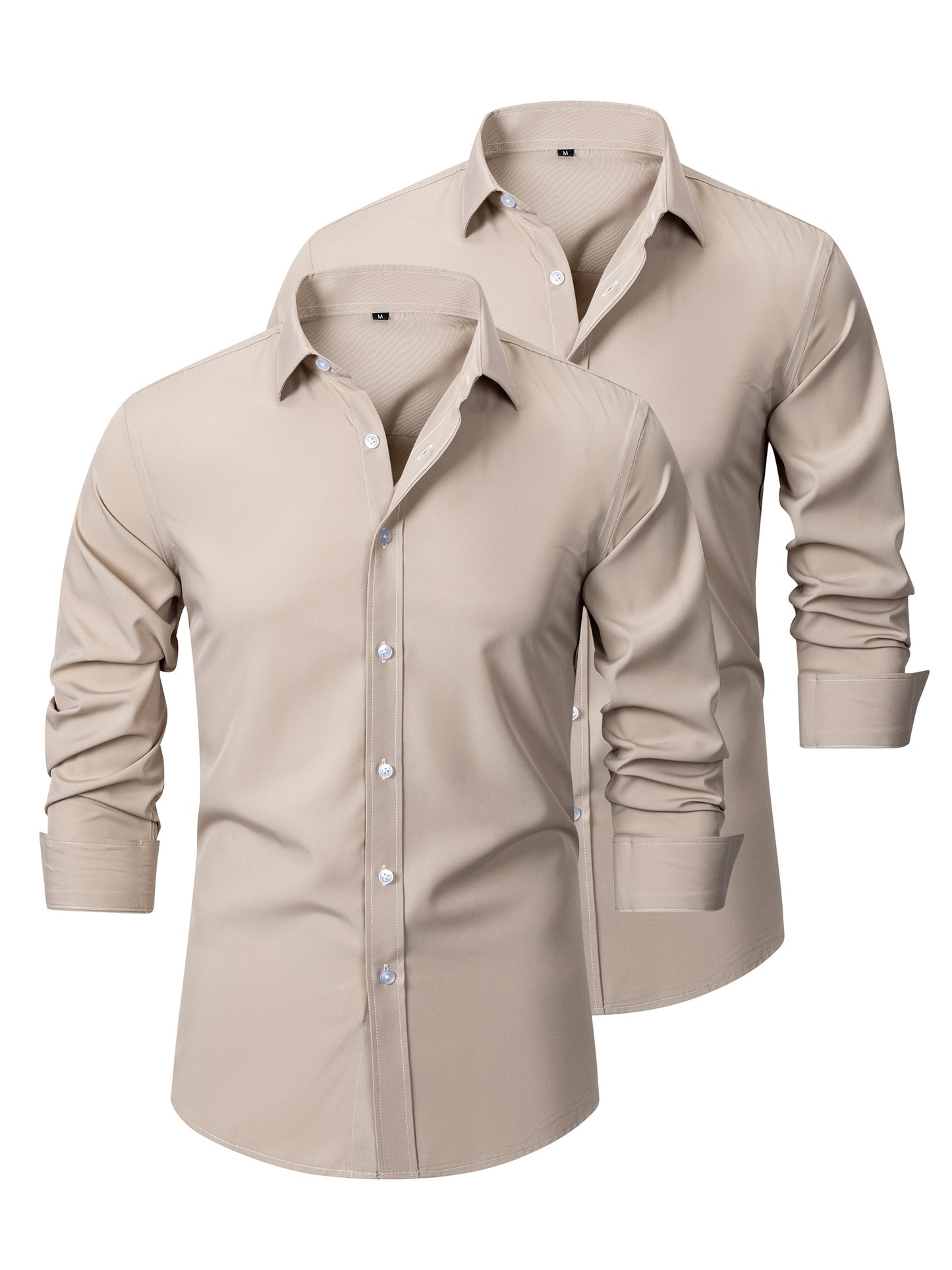 2pcs Men's Long Sleeve Dress Shirts - Elegant White, Stretchy Fabric, Business Casual, Unwrinkled, Single-Breasted with Lapel Collar, All-Season Wear, Casual Attire|Elegant Lapel Shirt|Stretchy Fabric
