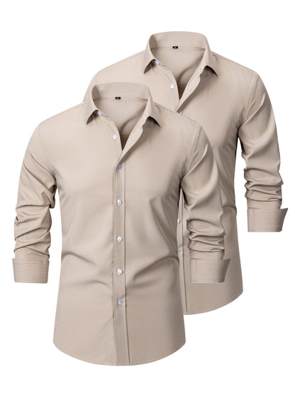 2pcs Men's Long Sleeve Dress Shirts - Elegant White, Stretchy Fabric, Business Casual, Unwrinkled, Single-Breasted with Lapel Collar, All-Season Wear, Casual Attire|Elegant Lapel Shirt|Stretchy Fabric