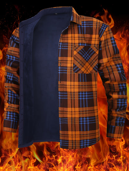 Men'S Heavyweight Long Sleeve Shirt - Thick Winter Jacket with Button Front Placket, Navy Blue & Brown Plaid, Formal & Casual Button-Up Blouse for Office, Outdoor, Everyday - Classic Button-Up Shirt for Men, Winter Jacket, Outdoor Clothing