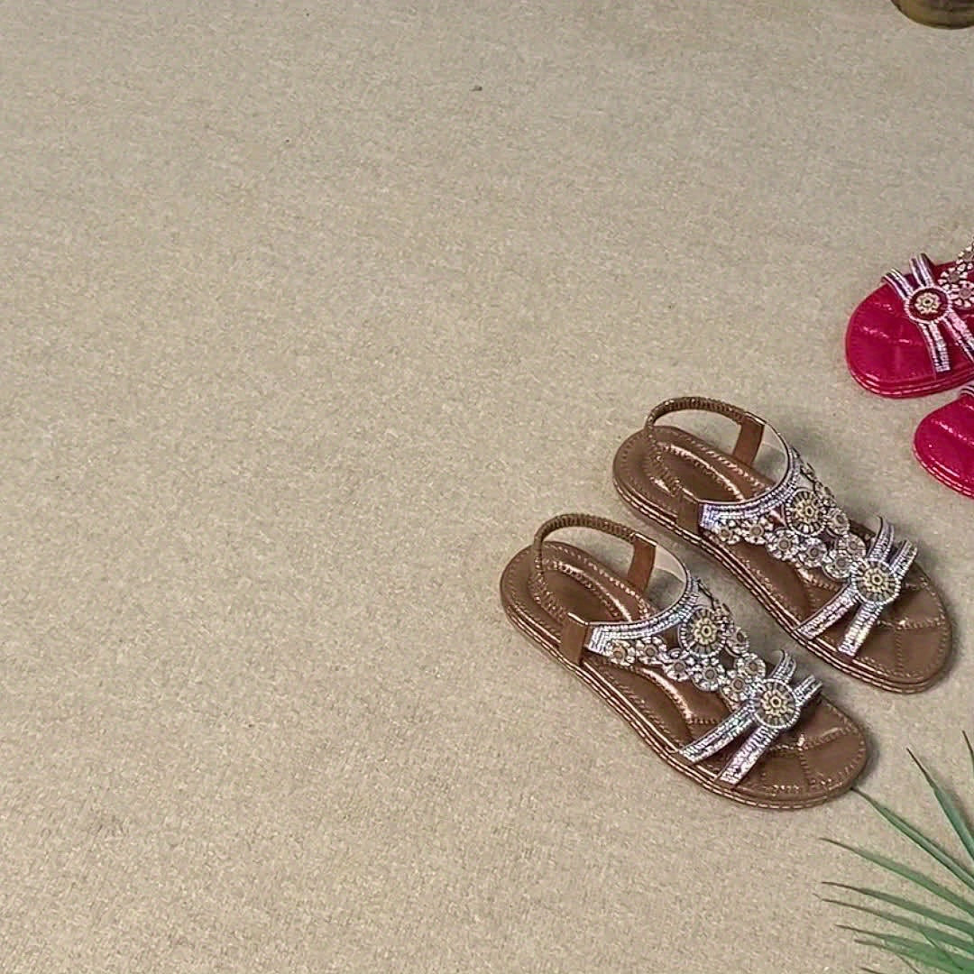 Ladies' Elegant And Exquisite Bohemian Style Floral Rhinestone Women'S Flat Sandals - Comfortable Open Toed, With Elastic Band, Perfect For Casual Beach Days