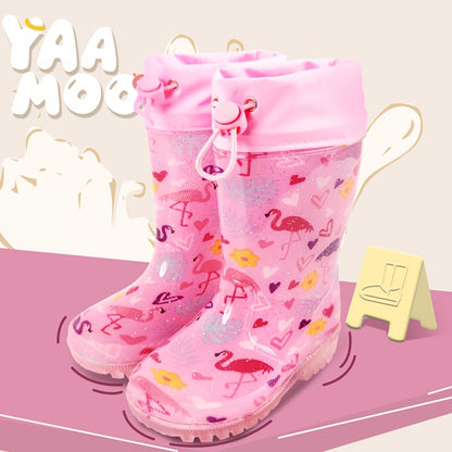 Fashionable Children's Rain Boots, Style:  Flamingo, Soft And Easy to Clean, Suitable for Rainy-day Outings. Equipped with A Drawstring Cuff to Prevent Rainwater From Seeping In.