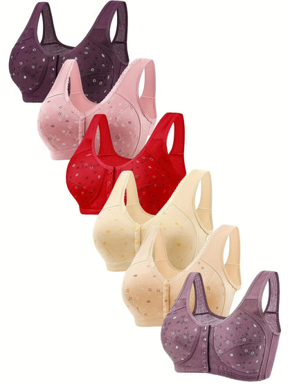(L-6XL) 6pcs Plus Size Women'S Front Closure Bras - No Underwire Push Up! Wide Strap Comfort Bralette, Full Coverage & Sexy Floral Print