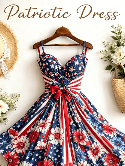 [Independence Day Style] Women's Retro Independence Day Style Camisole V-Neck Padded A-Line Waist Belted Fashion Dress