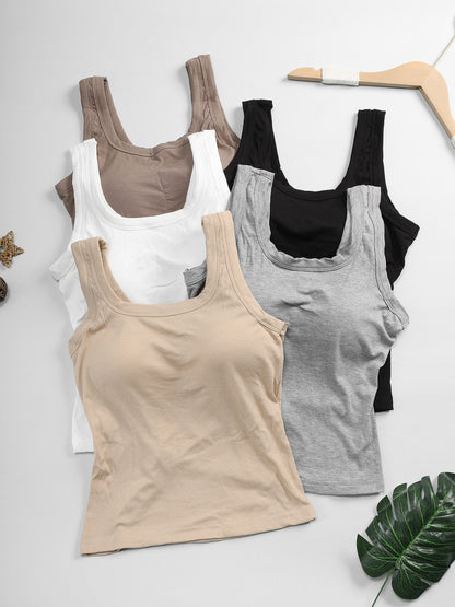 2pcs Women' Seamless U-Back Ribbed Tank Tops with Built-In Bras - Sleeveless Slim-Fit Layering Shirts, Built-In Suitable for All Seasons, Underwear to Outerwear, Solid Color Essentials for Blouse to Blouse