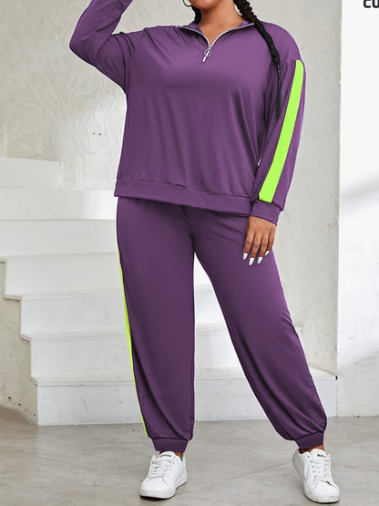 Plus Size, Plus Size Women's Spring And Autumn Contrast Color Casual Suit, Half Zip Pullover Long Sleeve Top And Trousers Two-Piece Set