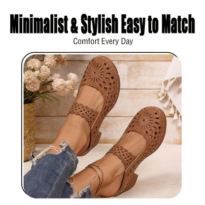 New Summer Women'S High Heel Sandals, Elegant Retro Openwork Breathable Design, Bonded Sewing Craftsmanship, Printed Strap One-Touch Slip-On Style, European And American Style Round Toe Chunky Heel, Back-To-School Season Women'S Shoes, Women Shoes