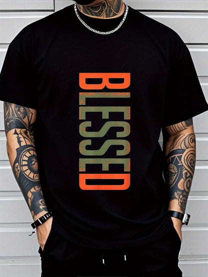 Men's BLESSED 3D Printed T-Shirt- Bold Geometric Letters, Breathable Comfortable Fit, Machine Washable Casual Short Sleeve Top, Casual Wear, Modern Casual Clothing, Plus Size