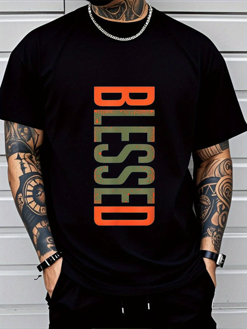 Men's BLESSED 3D Printed T-Shirt- Bold Geometric Letters, Breathable Comfortable Fit, Machine Washable Casual Short Sleeve Top, Casual Wear, Modern Casual Clothing, Plus Size